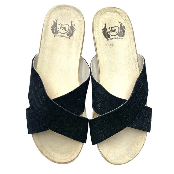 VON DUTCH Crossover Black Embossed Suede Platform Slide Sandals - Picture 10 of 11